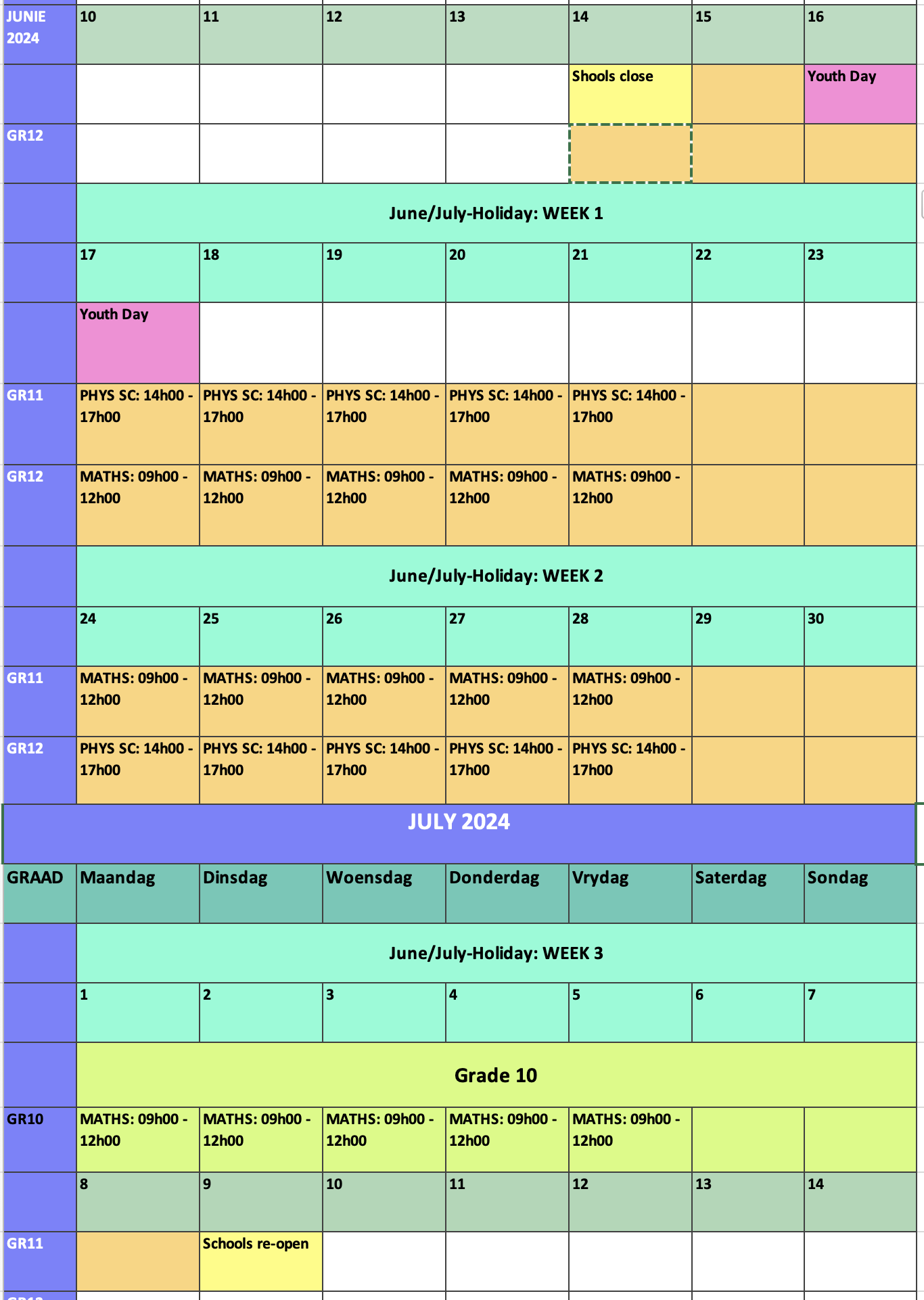  Beeldskool Winter School Roster for English speaking learners 