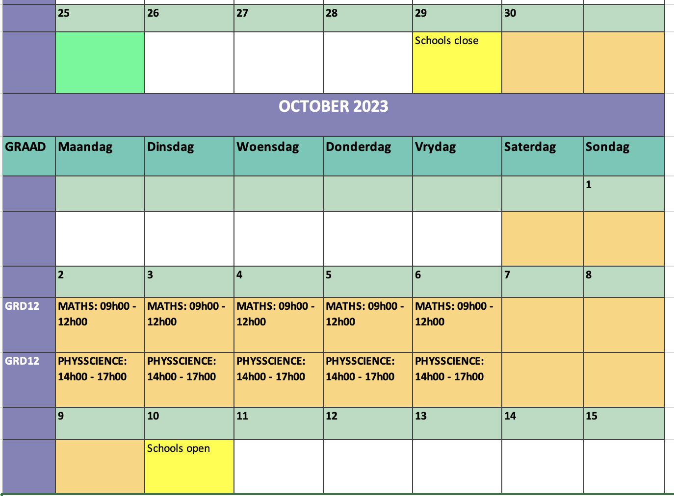  Beeldskool October Spring School Roster for English speaking learners 
